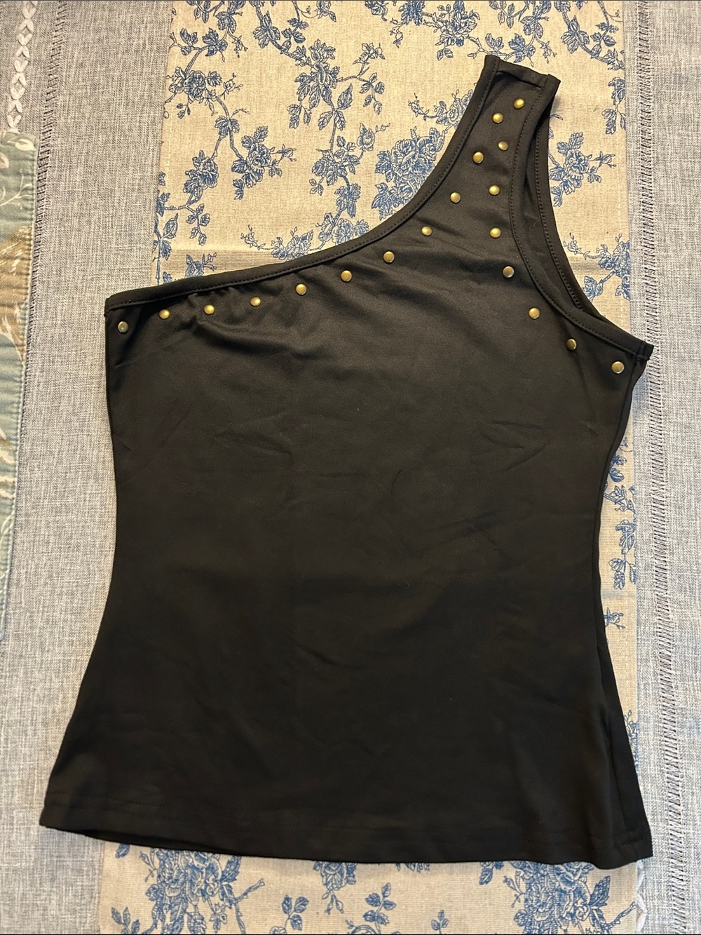 Women's One-Shoulder Studded Black Tank Top